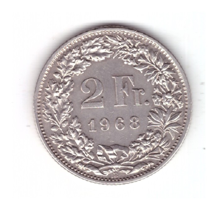 Moneda Elvetia 2 francs/franci 1968 B, stare foarte buna, curata