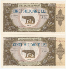 ROMANIA 2 X 5000000 LEI 1947 UNC CONSECUTIVE foto