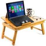 Masa Laptop Multifunctionala Lemn Bambus E-Table cu 2 Coolere, Inclinare Ajustabila, Pliabila, Port USB, Mousepad, Suport Pahar, 50x30cm