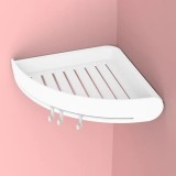 Suport/raft autoadeziv de colt pentru baie, cu 3 carlige, din ABS, dimensiuni 24 cm x 5 cm, montaj rapid, orificii ce nu retin apa, alb