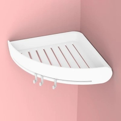 Suport/raft autoadeziv de colt pentru baie, cu 3 carlige, din ABS, dimensiuni 24 cm x 5 cm, montaj rapid, orificii ce nu retin apa, alb foto