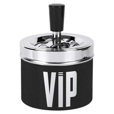 Scrumiera Rotunda, Curatare prin Apasare Buton, Metalica, Model VIP, Negru cu Argintiu, ?9 x 14 cm foto