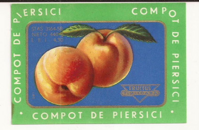 Eticheta , Ambalaj Fructus anii 70 - Compot de piersici - NEFOLOSIT, foto