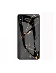 Husa cu spate din sticla, iPhone XS / X, stil marmura, model Black Gold, protectiva foto