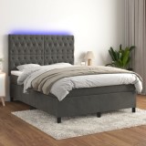 vidaXL Pat cu arcuri, saltea și LED, gri &icirc;nchis, 140x200 cm, catifea