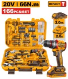 Set bormasina cu impact INGCO HKTHP41662E, 20V, 66Nm, 22500 BPM, acumulator 2Ah, incarcator 220-240V, trusa 166 piese, scule manuale, burghie, biti, t