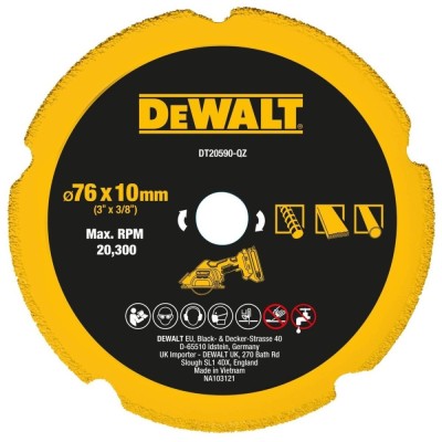 Disc diamantat, cu segmente, pentru debitare metale / plastic / portelan / gips carton, DeWalt DT20590-QZ, 76 x 10 x 1 mm foto
