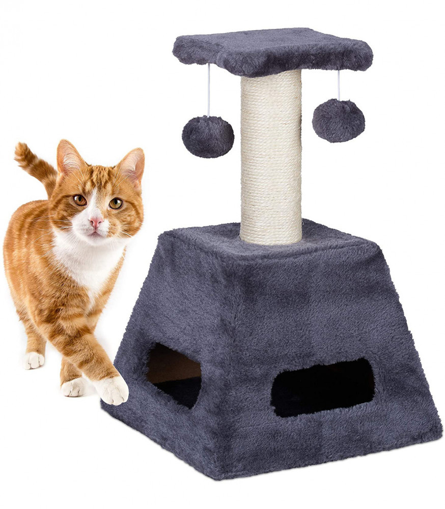 Stalp de zgariat pentru pisici cu trunchi de sisal si jucarii, Turn mic,  Gri, 27 x 27 x 42 cm | Okazii.ro