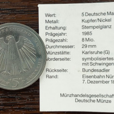 (M1901) MONEDA GERMANIA - 5 MARK 1985, LIT. G, 150 ANI CAILE FERATE GERMANE