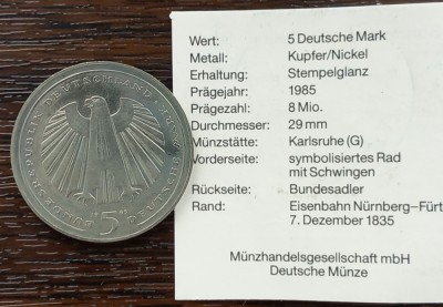 (M1901) MONEDA GERMANIA - 5 MARK 1985, LIT. G, 150 ANI CAILE FERATE GERMANE foto