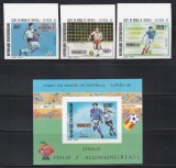Centrafricana 1982 - C. M. de Fotbal - Spania, Serie NDT, SUPRATIPAR ARGINTIU (Val.60F cu pată) + Colita NDT, SUPRATIPAR AURIU, F.RARE, MNH