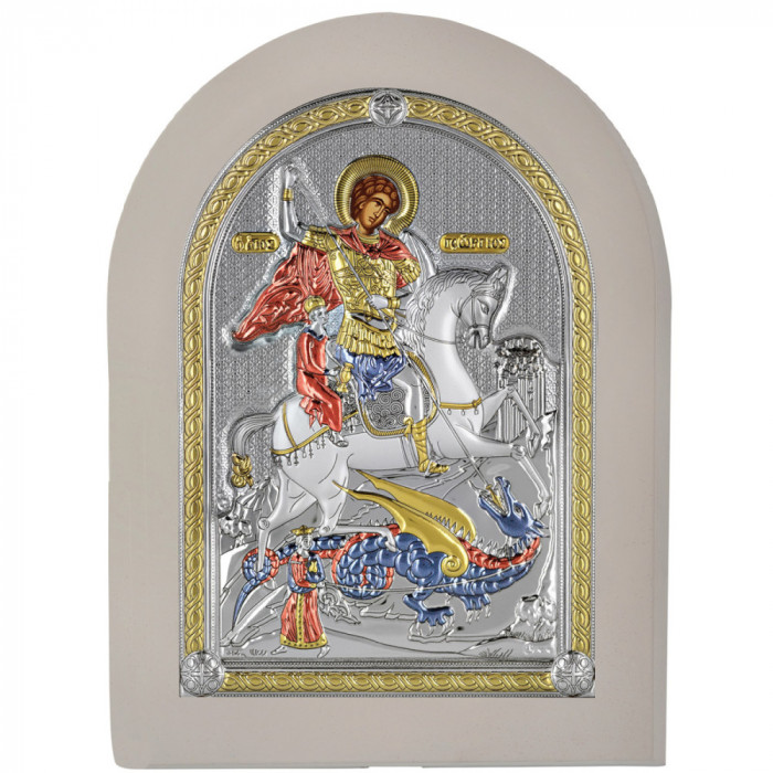 Icoana Sf Gheorghe Argint 10 x 14 Cm Color Rama Alba COD: 4624