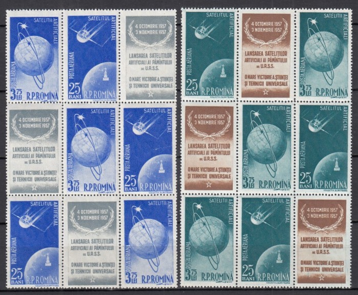 ROMANIA 1957 LP 444 a SATELITI ARTIFICIALI AI PAMANTULUI TRIPTIC CU VINIETA BLOCURI CU CELE 3 POZITII ALE VINIETELOR STARE MNH