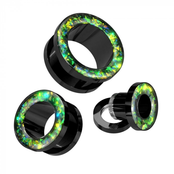 Tunel pentru ureche din oțel 316L - sclipici cu efect de strălucire de opal, &icirc;nșurubat - Diametru piercing: 12 mm