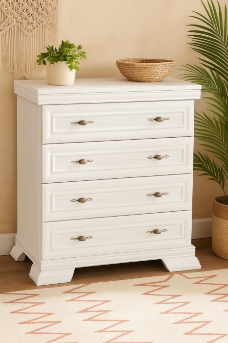 Comoda dormitor VM2, Pal Melaminat, cu 4 sertare, cu elemente din MDF, Alb Antichizat