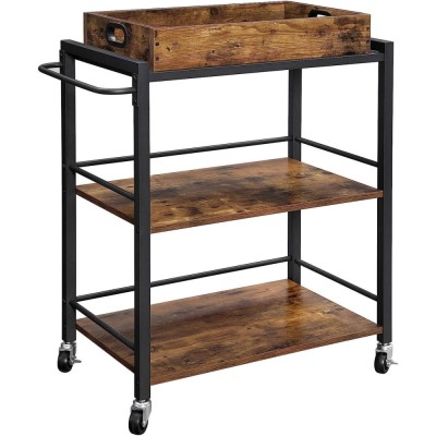 VASAGLE Carucior de servire pe roti pentru bucatarie, 3 polite, tava detasabila, stil industrial, 40x72x86cm, maro rustic Household NewTrend foto