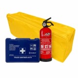 Set prim ajutor auto Cridem cu trusa sanitara, stingator 1 kg si geanta galbena