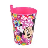 Pahar din plastic cu pai integrat, 260 ml, fucsia, model Minnie Mouse si flori colorate, CMCLASS