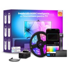 Banda LED RGBIC inteligenta cu Sincronizare pentru TV, Control prin aplicatie, Compatibil cu TV 55-65 inch (1.4 -1.65 m)