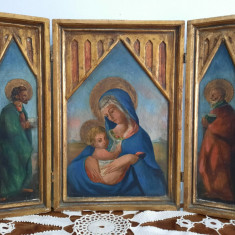 Triptic religios pictat pe lemn, sec. 19, deschis 64cm