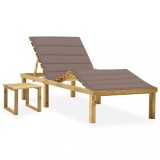 Șezlong Gradina vidaXL Lemn Pin Trat Gri Taupe 200x70 cm + Masa si Perna Inclusa