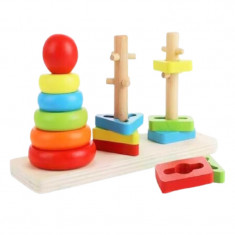 Jucarie educativa de sortare din lemn cu 3 coloane si 14 accesorii, multicolor, Montessori