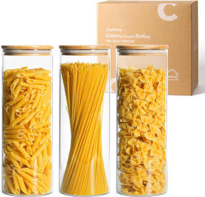 Saf Glass Spaghetti Paste Container de depozitare cu capacuri 2200ml Set de 3, T foto