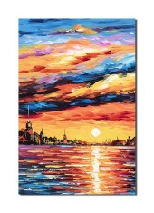 Tablou peisaj marin pictat manual, Apus de soare, 60x40cm ulei pe panza in cutit efect 3D