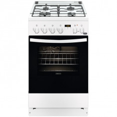 Aragaz Zanussi ZCK57201WA, Mixt, 4 arzatoare, Grill, Cuptor electric, 6 functii, Aprindere electrica, 54 l, 50 cm, Alb