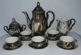 Serviciu vintage german pentru cafea, portelan argintat marcat &quot;Thuringia&quot;, rar