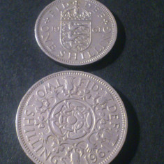 Set monede: One (1) Shilling + Two (2) Shillings 1961, stare FB, Anglia [poze]