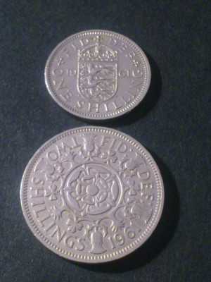 Set monede: One (1) Shilling + Two (2) Shillings 1961, stare FB, Anglia [poze]. Discount conform descriere [10 - 20 %. Vezi descrierea.]. foto