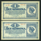 Q170 UNGARIA PERECHE CONSECUTIVA DE 1 KORONA COROANA 1920 aUNC