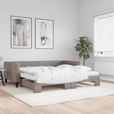vidaXL Pat de zi cu extensie și saltele, gri taupe, 100x200 cm, textil 3196604 foto
