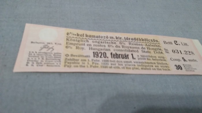 CUPOANE DE TREZORERIE CU REDUCERE 1920 UNGARIA