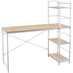 Birou calculator, Jumi, pal melaminat, otel, 3 rafturi, natur si alb, 120x52x120 cm