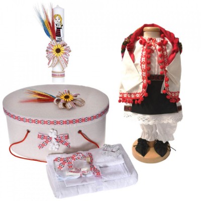 Set costumas rochita populara, trusou botez, cutie trusou si lumanare, decor foto
