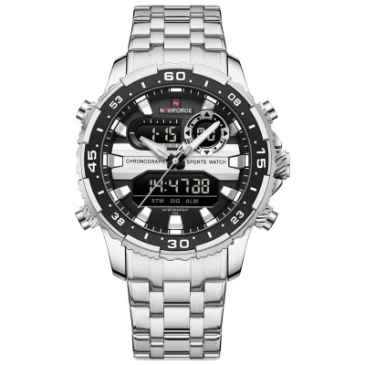 Ceas barbatesc Naviforce Quartz Dual Time Data Alarma Luxury Militar Otel Argintiu foto