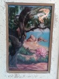 LIMOGES tablou MARE unic PLAJA COSTA BRAVA VARA semnat C. FAURE pictat manual in EMAIL manopera EXCEPTIONALA de colectie FRANTA