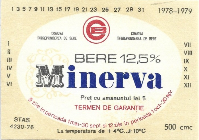 NI505 Etichetă bere Minerva, 1978-1979, &Icirc;ntreprinderea de bere Craiova