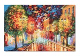 Tablou gigant peisaj citadin pictat manual living, dormitor, Pe aleea cu felinare, 150x100cm ulei pe panza in relief efect 3D
