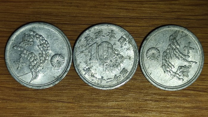 Japonia - set de colectie WW2 aluminiu - 3 x 10 sen 1940-1946 - epoca Shōwa