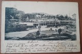 Carte postala, Govora, stabilimentul de bai si monumentul Bratianu, 1905