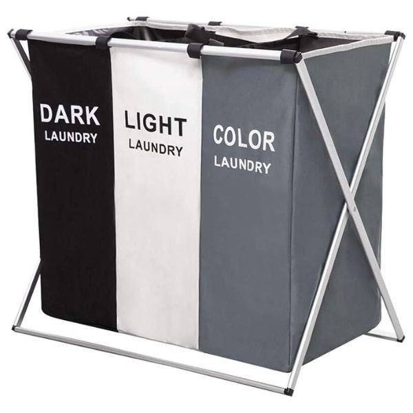 Cos Pliabil pentru Rufe cu 3 Compartimente din Panza Oxford, Cadru Metalic, 135 L, 65.5 x 39.5 x 60 cm, Multicolor