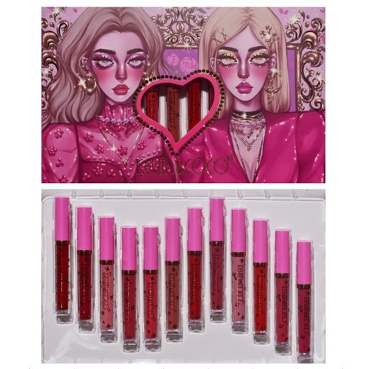 Set 12 Lip Gloss Kevin&amp;Coco, nuante de rosu, rose, nude, cutie dreptunghiulara, 26.5x16.5x2.2 cm, 200 g, multicolor