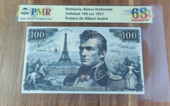 REPRODUCERE pe hartie cu filigran si fire UV proiect bancnota 100 Lei 1921 nr.179
