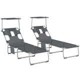 Outsunny Set de 2 șezlonguri pliante reclinabile cu copertină 360&deg;, orificiu facial, buzunar lateral și Textilene 550 g/m&sup2; Gri | Aosom Romania