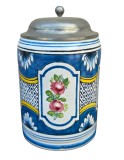 HALBA VINTAGE DIN CERAMICĂ CU CAPAC DIN ZINC, DECORATA MANUAL