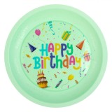 Farfurie Reutilizabilă Plastic, Model Happy Birthday, Culoare Verde Menta, Diametru 21cm