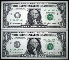 106 USA SUA 2X1 DOLLAR 2009 SERII CONSECUTIVE SR. 939-940 AUNC STEA STAR NOTE